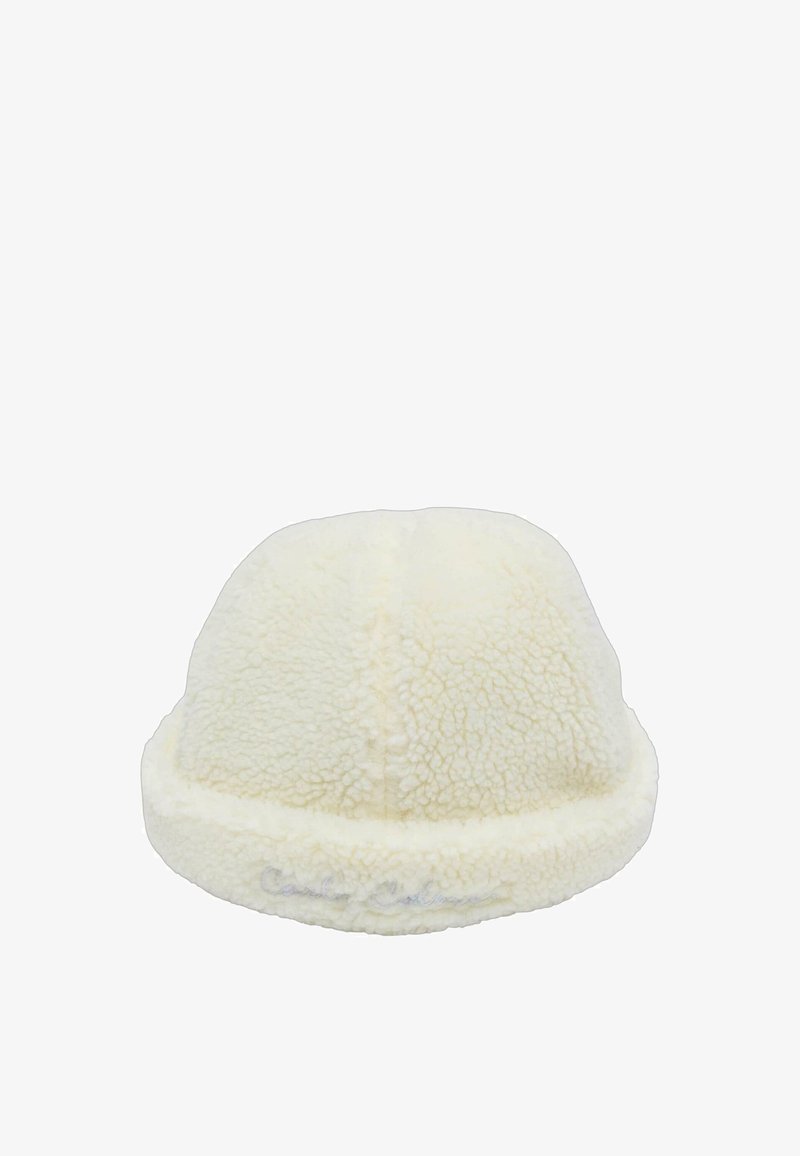 White, fluffy fleece hat with a rounded top and a textured surface. Features a snug, rolled brim and subtle stitching details.