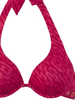 Ružový trojuholníkový bikiny s potlačou leopardieho vzoru. Obsahuje tenké ramienka, viazanie na krku a pevnú pásku s detailom loga.