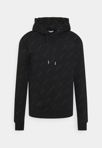 Sudadera negra de corte holgado, con capucha ajustable, mangas largas y un patrón de texto repetido. Tejido suave con puños y dobladillo acanalados.