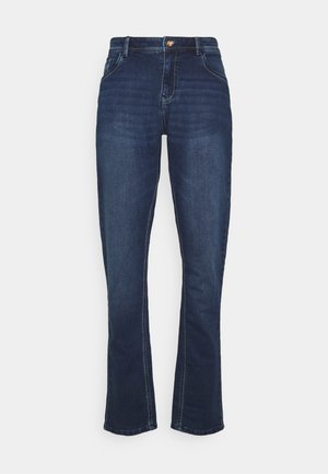 Donkerblauwe denim jeans met een uitlopende pijp, voorzien van een knoopsluiting en vijf zakken, met contrasterende stikdetails.