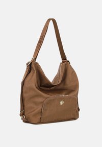Borsa a spalla sintetica marrone dal design morbido, con una tasca anteriori con zip e un motivo testurizzato. Include una tracolla intrecciata con logo.