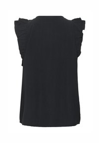 Top senza maniche nero con spalle arricciate, realizzato in tessuto leggero, con un taglio morbido e scollatura arrotondata.