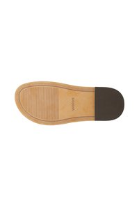 Soletta per scarpe con parte superiore in pelle marrone chiaro e tallone in gomma marrone scuro, caratterizzata da scanalature orizzontali e un logo stampato.