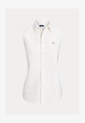 Witte mouwloze katoenen blouse met een puntige kraag, knoopsluiting aan de voorkant en een klein geborduurd logo aan de linkerkant.