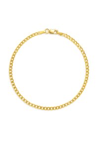 Gold chain bracelet featuring interlocking links, a smooth, shiny finish, and a secure clasp, measuring approximately 7 inches in length.