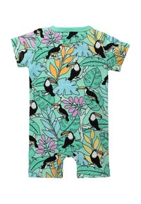 Krótki kombinezon z krótkim rękawem w miętowym kolorze, zdobiony tropikalnym wzorem z tukany, liśćmi i kwiatami. Wykonany z miękkiego, oddychającego materiału.