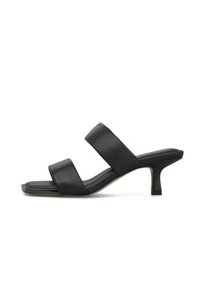 Schwarze offene Mule-Sandale mit zwei breiten Riemen und einem mittelhohen, geschwungenen Absatz vor weißem Hintergrund.