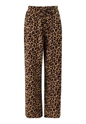 Wijde broek met elastische taille en trekkoord, met een bruin en zwart luipaardprintpatroon.