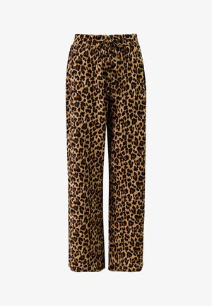 Hose mit weitem Bein, elastischem Taillenbund und Kordelzug, mit braun-schwarzem Leopardenmuster.