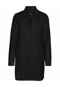 Cappotto in misto lana nero con silhouette lunga, design minimalista, fronte aperto, tasche laterali e colletto piccolo. Texture liscia.