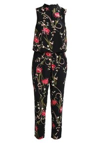 Blommig jumpsuit i svart tyg med rosa och vita blommor. Ärmlös design med hög krage, elastisk midja och smalnade ben.