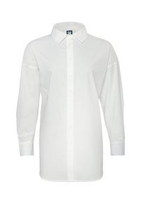 White long-sleeve button-up shirt made of smooth fabric, featuring a classic collar and cuffs, with a straight cut and no patterns.