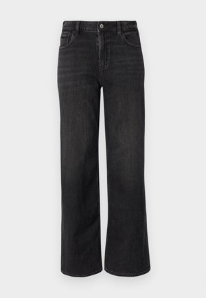 Jeans de ganga pretos de perna larga com um corte clássico, apresentando fecho de zipper, botão de fecho e design de cinco bolsos. Detalhes de desvanecimento e costura subtis.