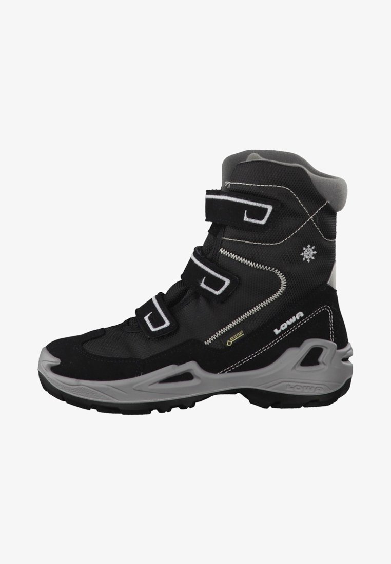 Schwarzer und grauer Winterstiefel mit synthetischem Obermaterial, drei verstellbaren Riemen, Schneeflocken-Detail und strukturiertem Gummisohle für besseren Halt.