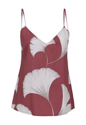 Camiseta sin mangas color burdeos con grandes patrones florales blancos y tirantes delgados.