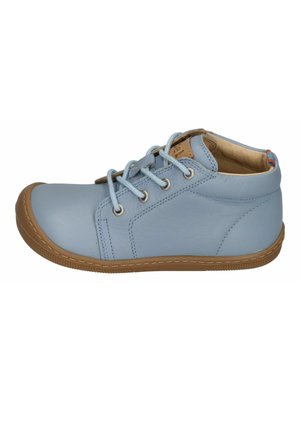 Light blue leather casual shoe with brown rubber sole, lace-up front, padded collar, and beige interior lining.