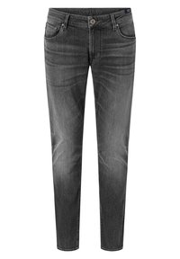 Jeans de mezclilla gris con corte ajustado, diseño de cinco bolsillos y un ligero desvanecimiento a lo largo de las piernas. Cierre de botón y cinturón con logo en la parte superior.