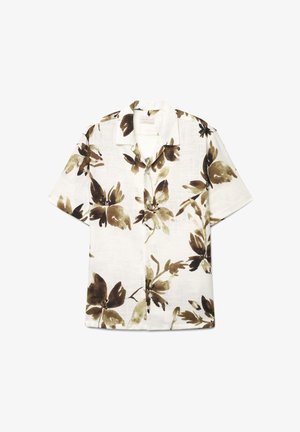 White short-sleeve button-up shirt with brown and olive large leaf print and a camp collar, displayed flat on a white background.
