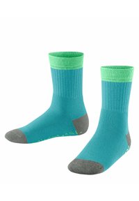 Türkise Socken mit einem grünen gerippten Bündchen; graue Zehen- und Fersenpartie; strukturiertes Muster entlang des Fußbetts; Länge bis zur Mitte der Waden. Leichtes Material.