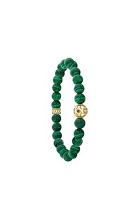 Bracciale in malachite con perline rotonde di colore verde scuro e verde chiaro alternate. Presenta una perla decorativa in tono oro con un motivo inciso.