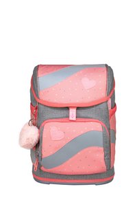 Zaino scolastico rosa e grigio con motivi a cuore, tasca frontale con zip, coulisse e portachiavi fluffy rosa attaccato sul lato sinistro.