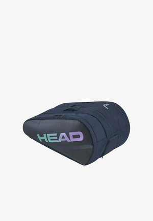 Borsa da tennis HEAD blu navy con più scomparti con cerniera e maniglie per il trasporto, progettata per conservare attrezzature sportive.