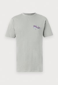 Light gray cotton t-shirt with short sleeves, crew neck, featuring purple "Santa Cruz" graphic and star motifs on the left chest.