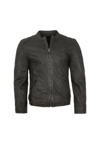 Schwarze Lederjacke mit Stehkragen, frontaler Zipper-Verschluss und zwei seitlichen Zipptaschen. Glatte Textur und körperbetontes Design.