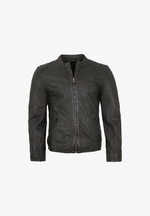 Schwarze Lederjacke mit Stehkragen, frontaler Zipper-Verschluss und zwei seitlichen Zipptaschen. Glatte Textur und körperbetontes Design.