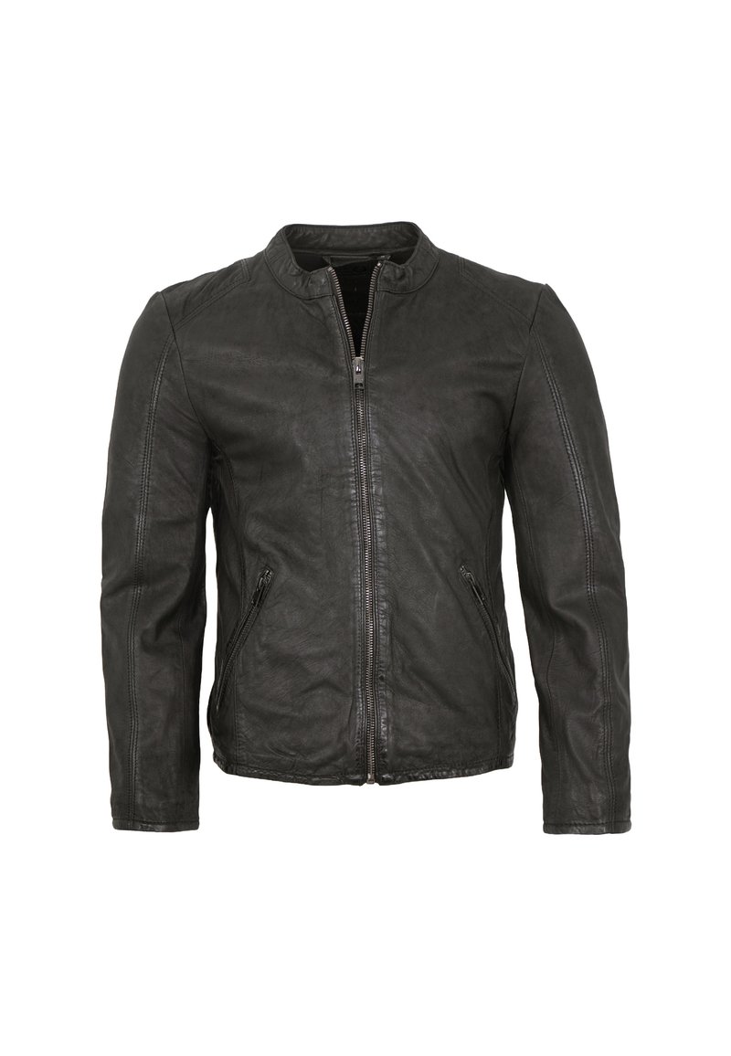 Schwarze Lederjacke mit Stehkragen, frontaler Zipper-Verschluss und zwei seitlichen Zipptaschen. Glatte Textur und körperbetontes Design.