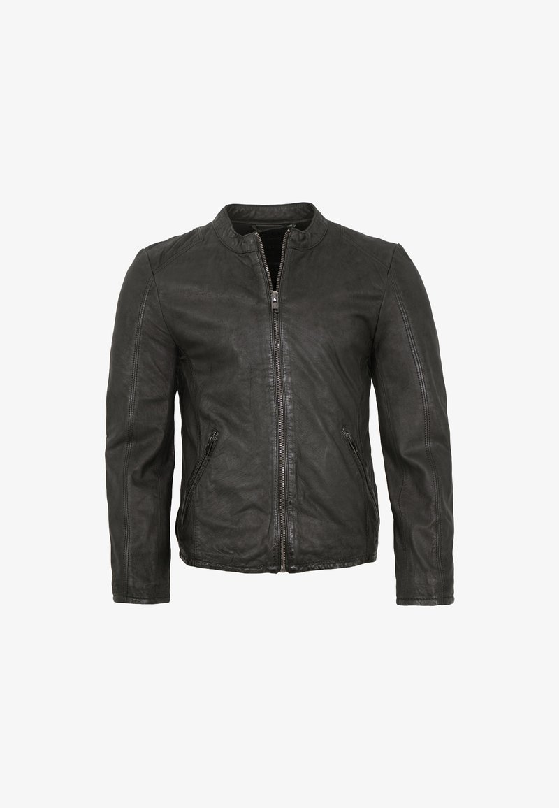 Schwarze Lederjacke mit Stehkragen, frontaler Zipper-Verschluss und zwei seitlichen Zipptaschen. Glatte Textur und körperbetontes Design.