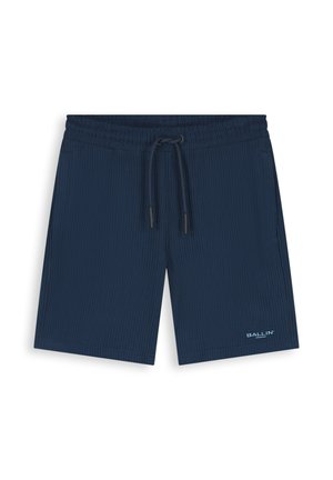 Marineblauwe geribde shorts met elastische tailleband, zwarte trekkoord, zijzakken en witte “BALLIN” logo op het onderste linkerbeen.
