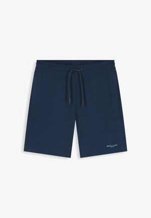 Marineblauwe geribde shorts met elastische tailleband, zwarte trekkoord, zijzakken en witte “BALLIN” logo op het onderste linkerbeen.