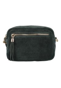 Zelená semišová crossbody taška obdélníkového tvaru se zipovou přední kapsou a odnímatelným třásňovým akcentem. Obsahuje kovové prvky v zlatém odstínu.