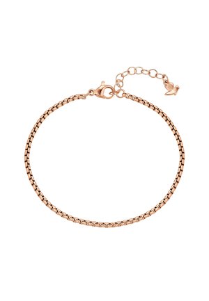 Delikat roseguld armbånd med kasseled, hummerlås og justerbar forlængerkæde med en lille bladcharme.