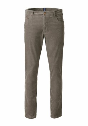 Herren Slim-Fit graue Cordhosen mit Fronttaschen, Knopfverschluss und Gürtelschlaufen, auf einem weißen Hintergrund präsentiert.