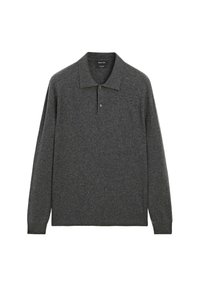 Graues langärmliges Polohemd aus strukturiertem Strickstoff, mit spitzen Kragen, Drei-Knopf-Leiste und gerippten Bündchen.