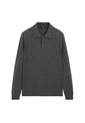 Gray long-sleeve polo shirt made of textured knit fabric, featuring a pointed collar, three-button placket, and ribbed cuffs.