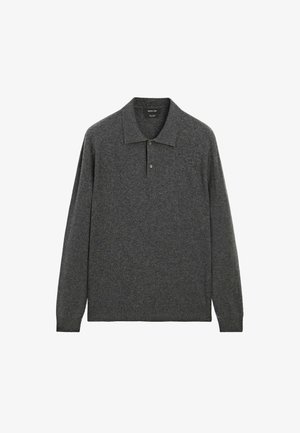 Grå långärmad polo skjorta tillverkad av strukturerad stickad tyg, med en spetsig krage, tre-knapplås och ribbad ärmslut.