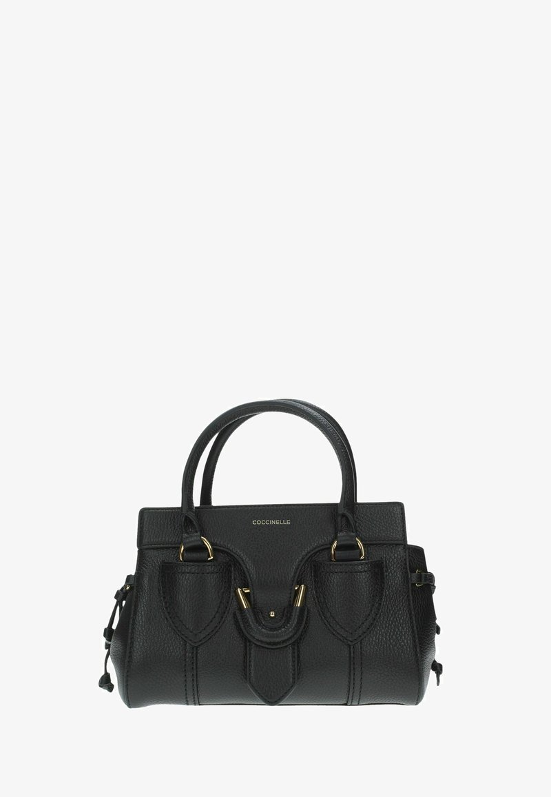 Bolso Coccinelle de cuero negro con asas dobles, detalles de metal dorado y forma rectangular estructurada.
