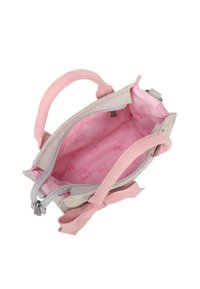 Borsa a tracolla grigia e rosa con chiusura a zip. L'interno presenta una fodera rosa con una stampa di Hello Kitty. Include manici in tessuto corti.