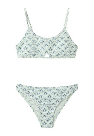 Bikini deux pièces vert clair avec motif floral bleu et gris foncé, haut à encolure dégagée avec bretelles fines, et bas taille moyenne.