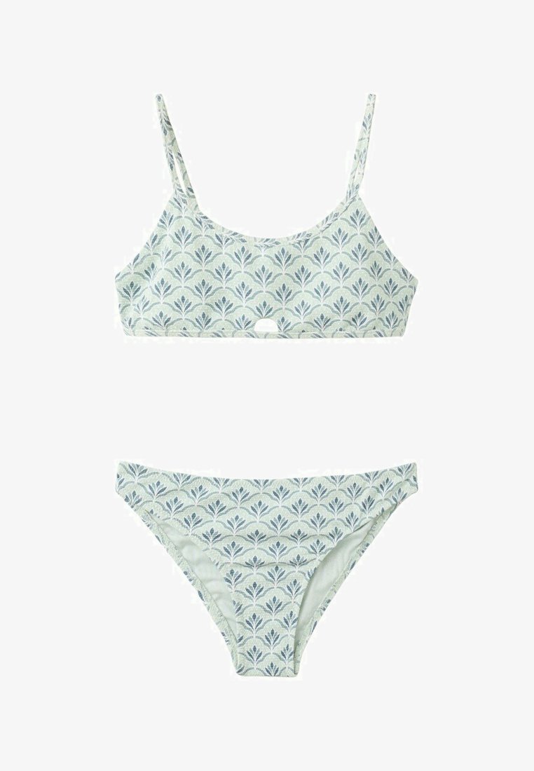 Svetlozelené dvojdielne bikiny s modrým a tmavosivým kvetinovým vzorom, vrchný diel s výstrihom do U a tenkými ramienkami, spodný diel so stredným pásom.