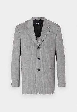 Gray pinstriped blazer made of fabric with a smooth texture. Features notched lapels, three buttons, and two front pockets.