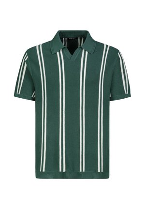Dark green short-sleeve knit polo with white vertical double stripes and a pointed collar.