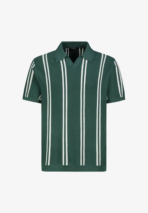Dark green short-sleeve knit polo with white vertical double stripes and a pointed collar.