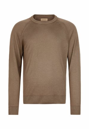 Brązowy sweter z długim rękawem i okrągłym dekoltem, z prążkowanymi mankietami i dolnym wykończeniem, wykonany z delikatnej dzianiny.