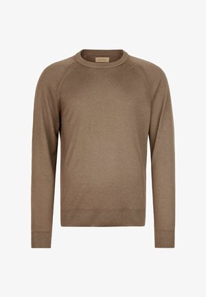 Brązowy sweter z długim rękawem i okrągłym dekoltem, z prążkowanymi mankietami i dolnym wykończeniem, wykonany z delikatnej dzianiny.