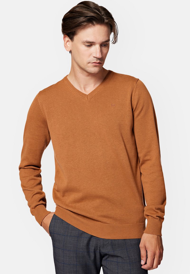 Sweter w serek w ciepłym brązowym kolorze, wykonany z miękkiego materiału. Posiada długie rękawy oraz prążkowane mankiety i dół, z subtelnym detalem logo.