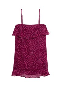 Abito fucsia con scollatura a volant e spalline sottili, caratterizzato da un motivo testurizzato di linee irregolari e un orlo fru fru.